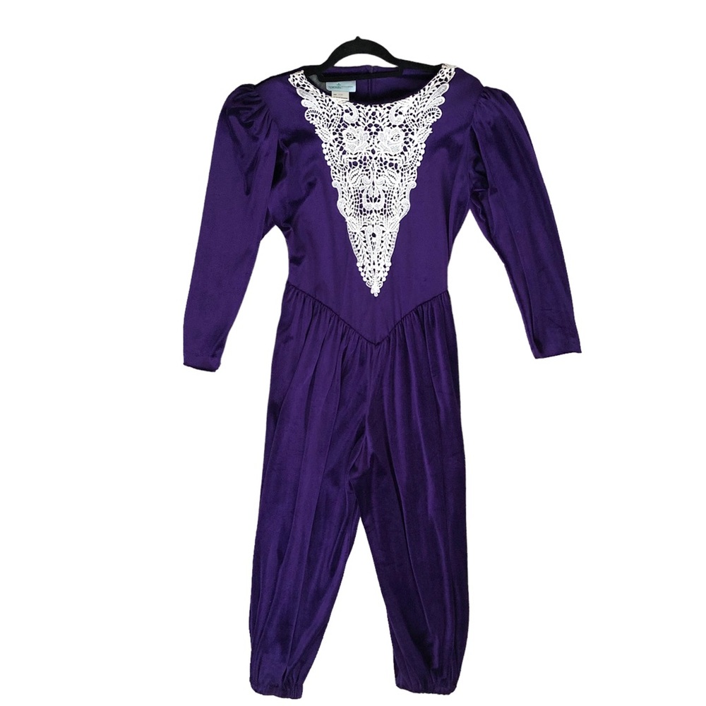 Vintage Vicky Vaughn purple velvet harem puff sleeve jogger jumpsuit Sz 9/10